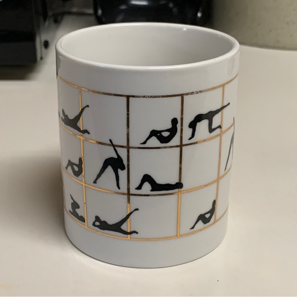 1980s Vintage Gold Trim Lattice Ceramic Yoga Poses Aerobic Exercise Coffee Mug - Picture 12 of 16